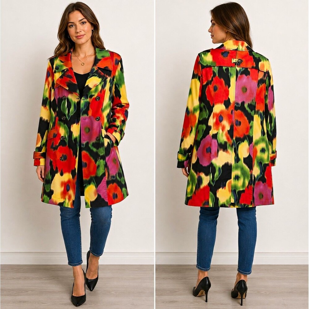 Attention Women's L Multicolor Floral Trench Coat Collared Pockets Lined Button
